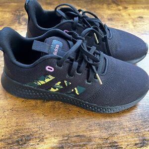 adidas womens Black Sneakers with Green Camo Stripe and Pink Accents